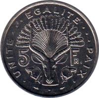 Djibouti coin 5 Francs (1977 - 1999) reverse reverse of 5 Francs (1977 - 1999) coin with KM# 22 from Djibouti. Inscription: · UNITE · · · EGALITE · · · PAIX · 5 FR.