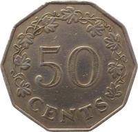 Malta coin 50 Cents (1972 - 1981) reverse reverse of 50 Cents (1972 - 1981) coin with KM# 12 from Malta. Inscription: 50 CENTS