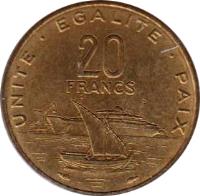 reverse of 20 Francs (1977 - 2010) coin with KM# 24 from Djibouti. Inscription: UNITE · EGALITE · PAIX 20 FRANCS ESSAI