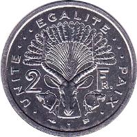 reverse of 2 Francs (1977 - 1999) coin with KM# 21 from Djibouti. Inscription: . UNITE ... EGALITE ... PAIX . 2 FR