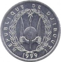 Djibouti coin 1 Franc (1977 - 1999) obverse obverse of 1 Franc (1977 - 1999) coin with KM# 20 from Djibouti. Inscription: REPUBLIQUE DE DJIBOUTI 1999