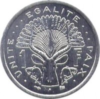 reverse of 1 Franc (1977 - 1999) coin with KM# 20 from Djibouti. Inscription: UNITE ... EGALITE ... PAIX 1 F