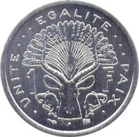 Djibouti coin 1 Franc (1977 - 1999) reverse reverse of 1 Franc (1977 - 1999) coin with KM# 20 from Djibouti. Inscription: UNITE ... EGALITE ... PAIX 1 F
