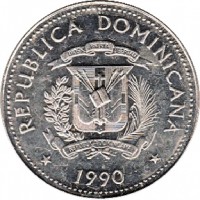 obverse of 25 Centavos (1989 - 1991) coin with KM# 71 from Dominican Republic. Inscription: REPUBLICA DOMINICANA DIOS PATRIA LIBERTAD REPUBLICA DOMINICANA * 1990 *