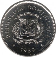 obverse of 10 Centavos (1989 - 1991) coin with KM# 70 from Dominican Republic. Inscription: REPUBLICA DOMINICANA 1989