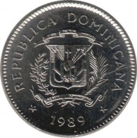 Dominican Republic coin 10 Centavos (1989 - 1991) obverse obverse of 10 Centavos (1989 - 1991) coin with KM# 70 from Dominican Republic. Inscription: REPUBLICA DOMINICANA 1989