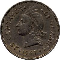 reverse of 25 Centavos (1967 - 1974) coin with KM# 20a from Dominican Republic. Inscription: * 25 CENTAVOS * 6 1/4 GRAMOS *