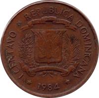 obverse of 1 Centavo (1984 - 1987) coin with KM# 64 from Dominican Republic. Inscription: 1 CENTAVO.REPUBLICA DOMINICANA.1986