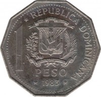 obverse of 1 Peso - Montesinos, Enriquillo, Lemba (1983 - 1986) coin with KM# 63 from Dominican Republic. Inscription: REPUBLICA DOMINICANA 1 PESO 1983