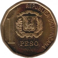 obverse of 1 Peso - Magnetic (2008 - 2014) coin with KM# 80.2a from Dominican Republic. Inscription: 1 PESO REPUBLICA DOMINICANA
