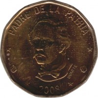reverse of 1 Peso - Magnetic (2008 - 2014) coin with KM# 80.2a from Dominican Republic. Inscription: PADRE DE LA PATRIA 2008 DUARTE