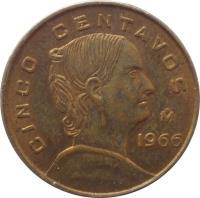 Mexico coin 5 Centavos - Larger (1954 - 1969) reverse reverse of 5 Centavos - Larger (1954 - 1969) coin with KM# 426 from Mexico. Inscription: CINCO CENTAVOS 1966
