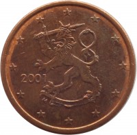 obverse of 5 Euro Cent (1999 - 2014) coin with KM# 100 from Finland. Inscription: 2000 M