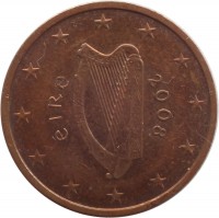 obverse of 2 Euro Cent (2002 - 2015) coin with KM# 33 from Ireland. Inscription: éIRe 2008