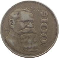Mexico coin 100 Pesos (1984 - 1992) reverse reverse of 100 Pesos (1984 - 1992) coin with KM# 493 from Mexico. Inscription: $100 1990 V.CARRANZA oM