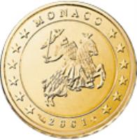 obverse of 10 Euro Cent - Rainier III - 1'st Type; 1'st Map (2001 - 2004) coin with KM# 170 from Monaco. Inscription: MONACO 2001