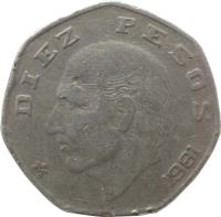 reverse of 10 Pesos (1974 - 1985) coin with KM# 477 from Mexico. Inscription: DIEZ PESOS 1981