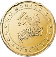 obverse of 20 Euro Cent - Rainier III - 1'st Type; 1'st Map (2001 - 2004) coin with KM# 171 from Monaco. Inscription: MONACO 2001