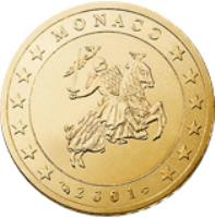 obverse of 50 Euro Cent - Rainier III - 1'st Type; 1'st Map (2001 - 2004) coin with KM# 172 from Monaco. Inscription: MONACO 2001