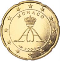 obverse of 20 Euro Cent - Albert II - 2'nd Type; 2'nd Map (2007 - 2014) coin with KM# 192 from Monaco. Inscription: MONACO 2009