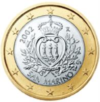 obverse of 1 Euro - 1'st Map (2002 - 2007) coin with KM# 446 from San Marino. Inscription: 2002 R LIBERTAS Ch SAN MARINO ELF INC.