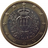 obverse of 1 Euro - 2'nd Map (2008 - 2015) coin with KM# 485 from San Marino. Inscription: 2014 R LIBERTAS Ch SAN MARINO ELF INC.