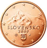 obverse of 1 Euro Cent (2009 - 2015) coin with KM# 95 from Slovakia. Inscription: SLOVENSKO 2009 Z