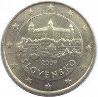 obverse of 10 Euro Cent (2009 - 2015) coin with KM# 98 from Slovakia. Inscription: SLOVENSKO JC PK 2009