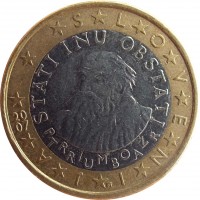 obverse of 1 Euro - 2'nd Map (2007 - 2014) coin with KM# 74 from Slovenia. Inscription: SLOVENIJA STATI INU OBSTATI PRIMOŽ TRUBAR 20 07