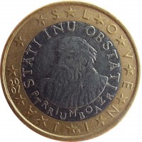 Slovenia coin 1 Euro - 2'nd Map (2007 - 2014) obverse obverse of 1 Euro - 2'nd Map (2007 - 2014) coin with KM# 74 from Slovenia. Inscription: SLOVENIJA STATI INU OBSTATI PRIMOŽ TRUBAR 20 07
