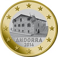 obverse of 1 Euro - Joan Enric Vives i Sicília (2014) coin with KM# 526 from Andorra. Inscription: ANDORRA 2014