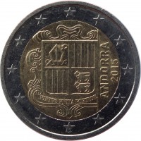 obverse of 2 Euro - Joan Enric Vives i Sicília (2014 - 2015) coin with KM# 527 from Andorra. Inscription: ANDORRA 2015 VIRTUS UNITA FORTIOR
