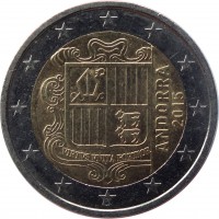 Andorra coin 2 Euro - Joan Enric Vives i Sicília (2014 - 2015) obverse obverse of 2 Euro - Joan Enric Vives i Sicília (2014 - 2015) coin with KM# 527 from Andorra. Inscription: ANDORRA 2015 VIRTUS UNITA FORTIOR