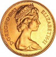 obverse of 1/2 Penny - Elizabeth II - 2'nd Portrait (1982 - 1984) coin with KM# 926 from United Kingdom. Inscription: D · G · REG · F · D · 1983 ELIZABETH · II