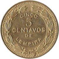 reverse of 5 Centavos (1975 - 1989) coin with KM# 72.2a from Honduras. Inscription: CINCO 5 CENTAVOS DE LEPIRA