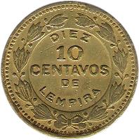 reverse of 10 Centavos (1976 - 1995) coin with KM# 76a from Honduras. Inscription: DIEZ 10 CENTAVOS DE LEMPIRA