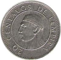reverse of 20 Centavos (1978 - 1990) coin with KM# 83 from Honduras. Inscription: 20 CENTAVOS DE LEMPIRA