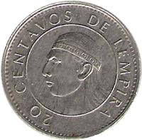 Honduras coin 20 Centavos (1978 - 1990) reverse reverse of 20 Centavos (1978 - 1990) coin with KM# 83 from Honduras. Inscription: 20 CENTAVOS DE LEMPIRA