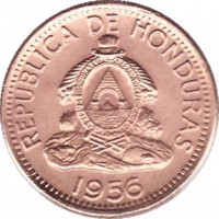 obverse of 2 Centavos (1939 - 1956) coin with KM# 78 from Honduras. Inscription: REPUBLICA DE HONDURAS 1956