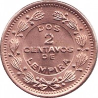 Honduras coin 2 Centavos (1939 - 1956) reverse reverse of 2 Centavos (1939 - 1956) coin with KM# 78 from Honduras. Inscription: DOS 2 CENTAVOS DE LEMPIRA