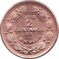 reverse of 2 Centavos (1939 - 1956) coin with KM# 78 from Honduras. Inscription: DOS 2 CENTAVOS DE LEMPIRA