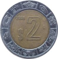 reverse of 2 Pesos (1996 - 2013) coin with KM# 604 from Mexico. Inscription: $2 2006 Mo