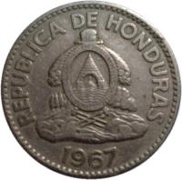 obverse of 50 Centavos (1967) coin with KM# 80 from Honduras. Inscription: REPUBLICA DE HONDURAS 1967