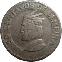 reverse of 50 Centavos (1967) coin with KM# 80 from Honduras. Inscription: 50 CENTAVOS DE LEMPIRA