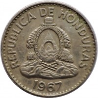 obverse of 20 Centavos (1967) coin with KM# 79 from Honduras. Inscription: REPUBLICA DE HONDURAS 1967