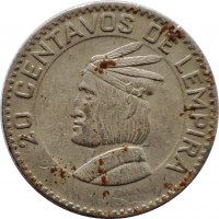 reverse of 20 Centavos (1967) coin with KM# 79 from Honduras. Inscription: 20 CENTAVOS DE LEMPIRA