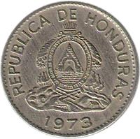 obverse of 20 Centavos (1973) coin with KM# 81 from Honduras. Inscription: REPUBLICA DE HONDURAS 1973