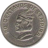 reverse of 20 Centavos (1973) coin with KM# 81 from Honduras. Inscription: 20 CENTAVOS DE LEMPIRA