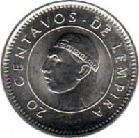 reverse of 20 Centavos (1991 - 2010) coin with KM# 83a from Honduras. Inscription: 20 CENTAVOS DE LEMPIRA
