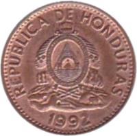 obverse of 1 Centavo (1974 - 1998) coin with KM# 77a from Honduras. Inscription: REPUBLICA DE HONDURAS REPªDE · HONDURAS · LIBRE · SOBERANA · INDEPENDIENTE · 15 SEPTBRE 1821 · 1992